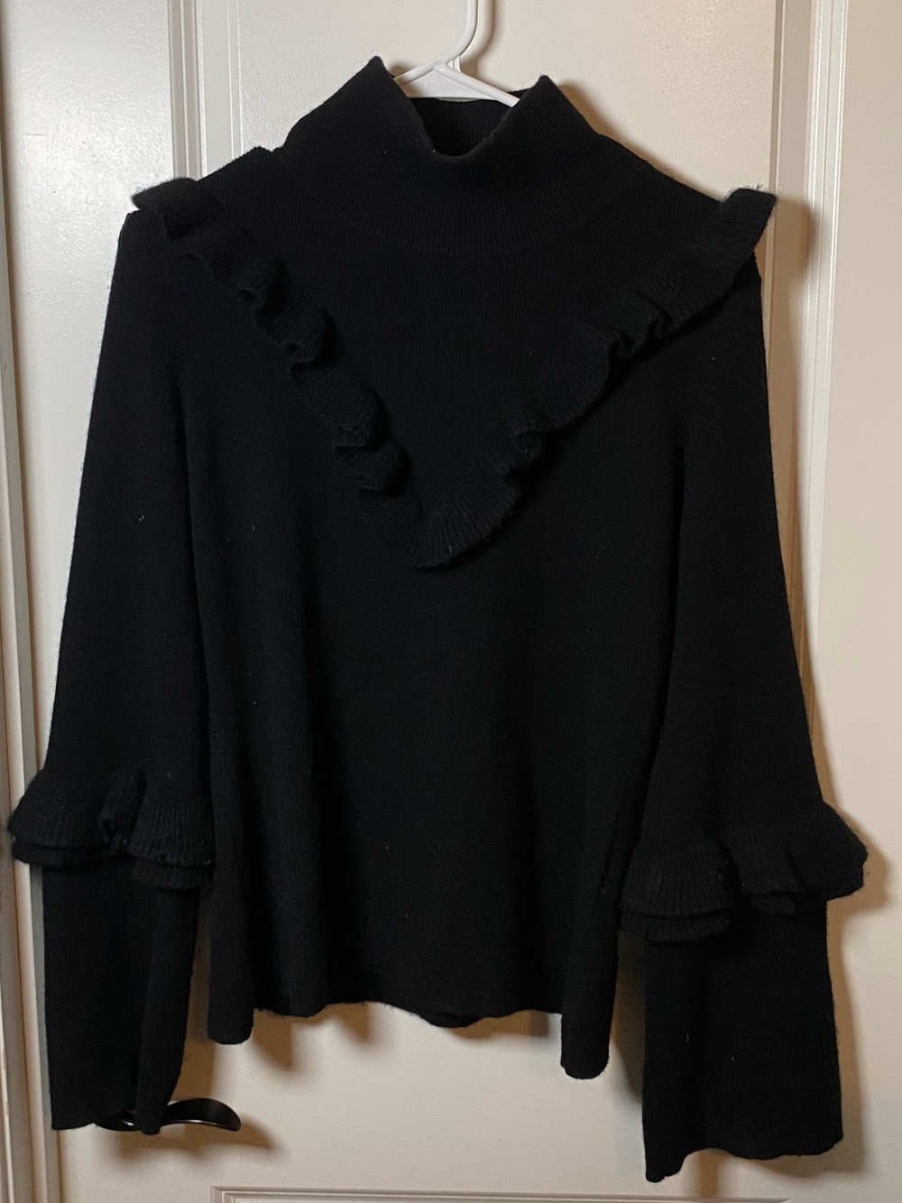 Rebecca Minkoff Black Ruffle-Trim Turtleneck Wool Yak Sweater